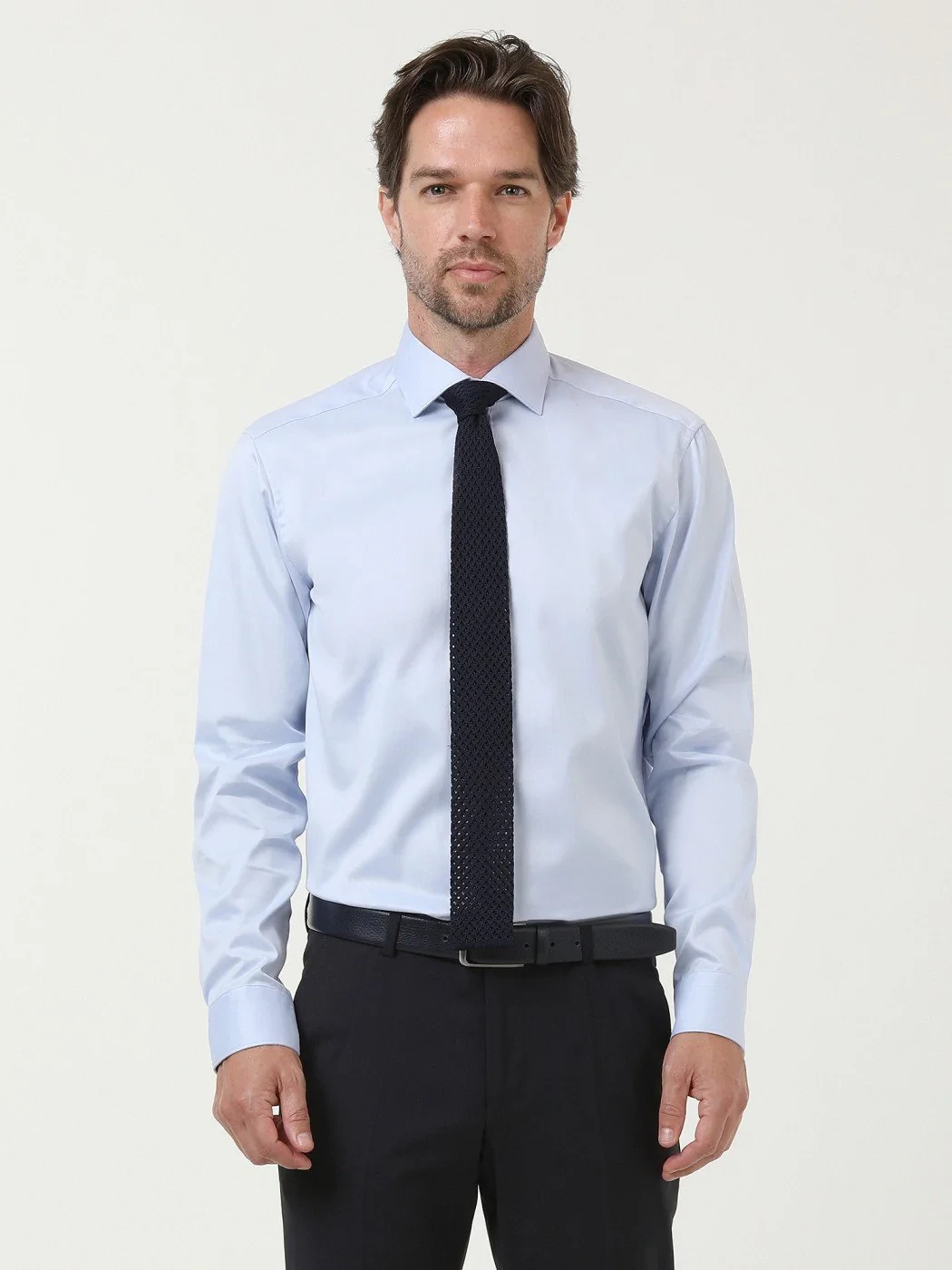 Blue Plain Regular Fit Weaving Classical 100% Cotton Shirt - 3