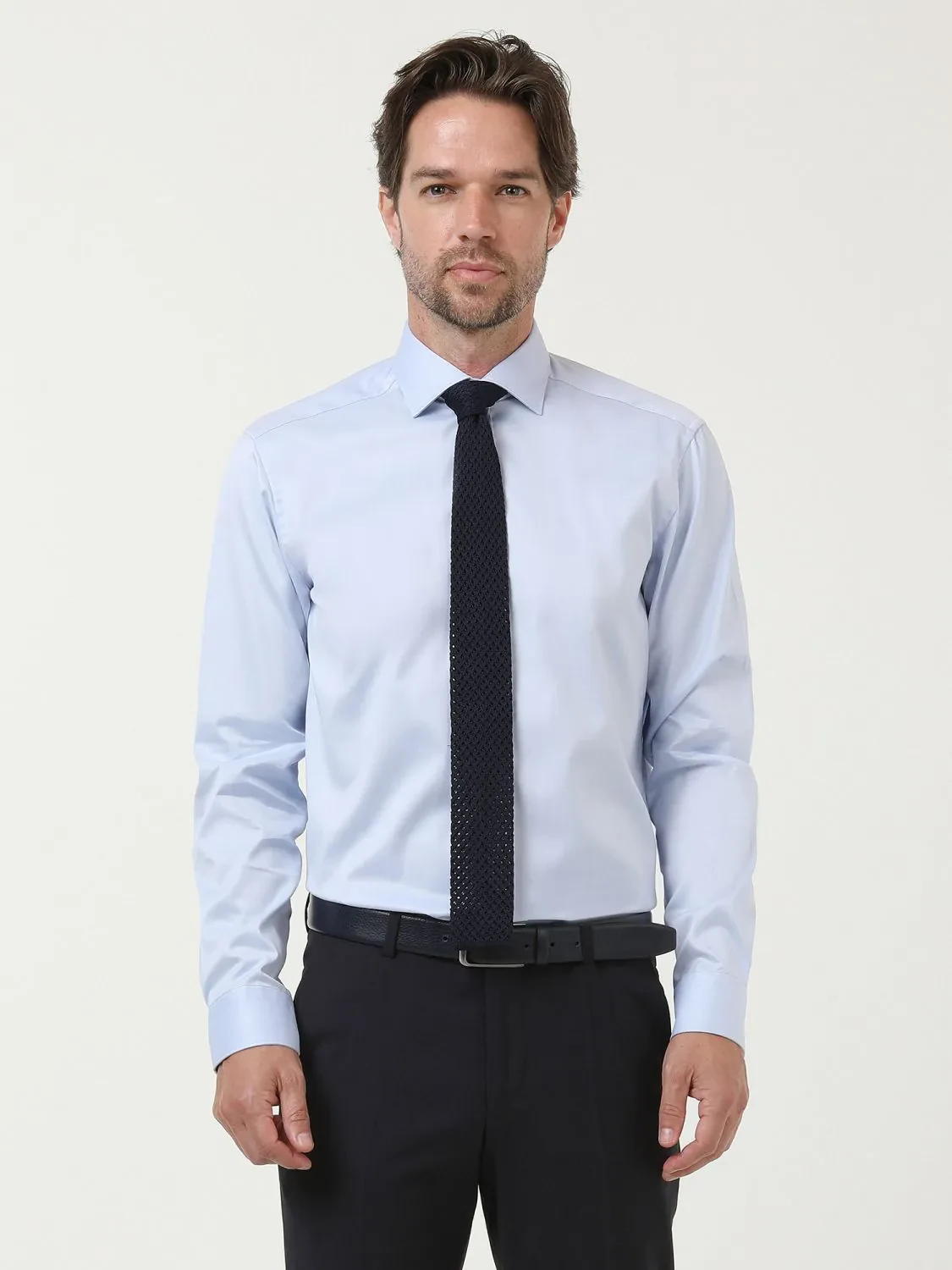 Blue Plain Regular Fit Weaving Classical 100% Cotton Shirt - 3