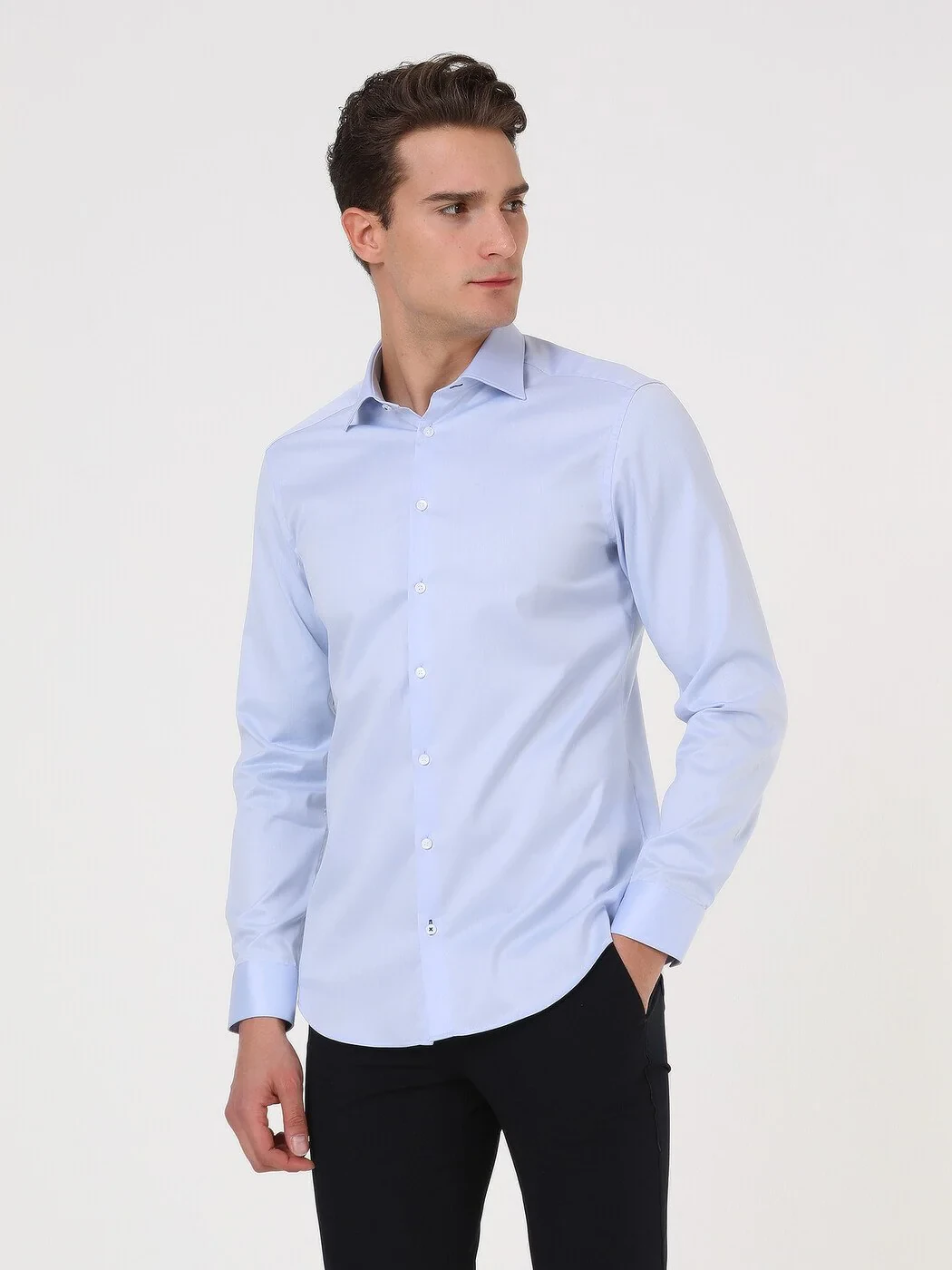 Blue Plain Regular Fit Weaving Classical 100% Cotton Shirt - 2