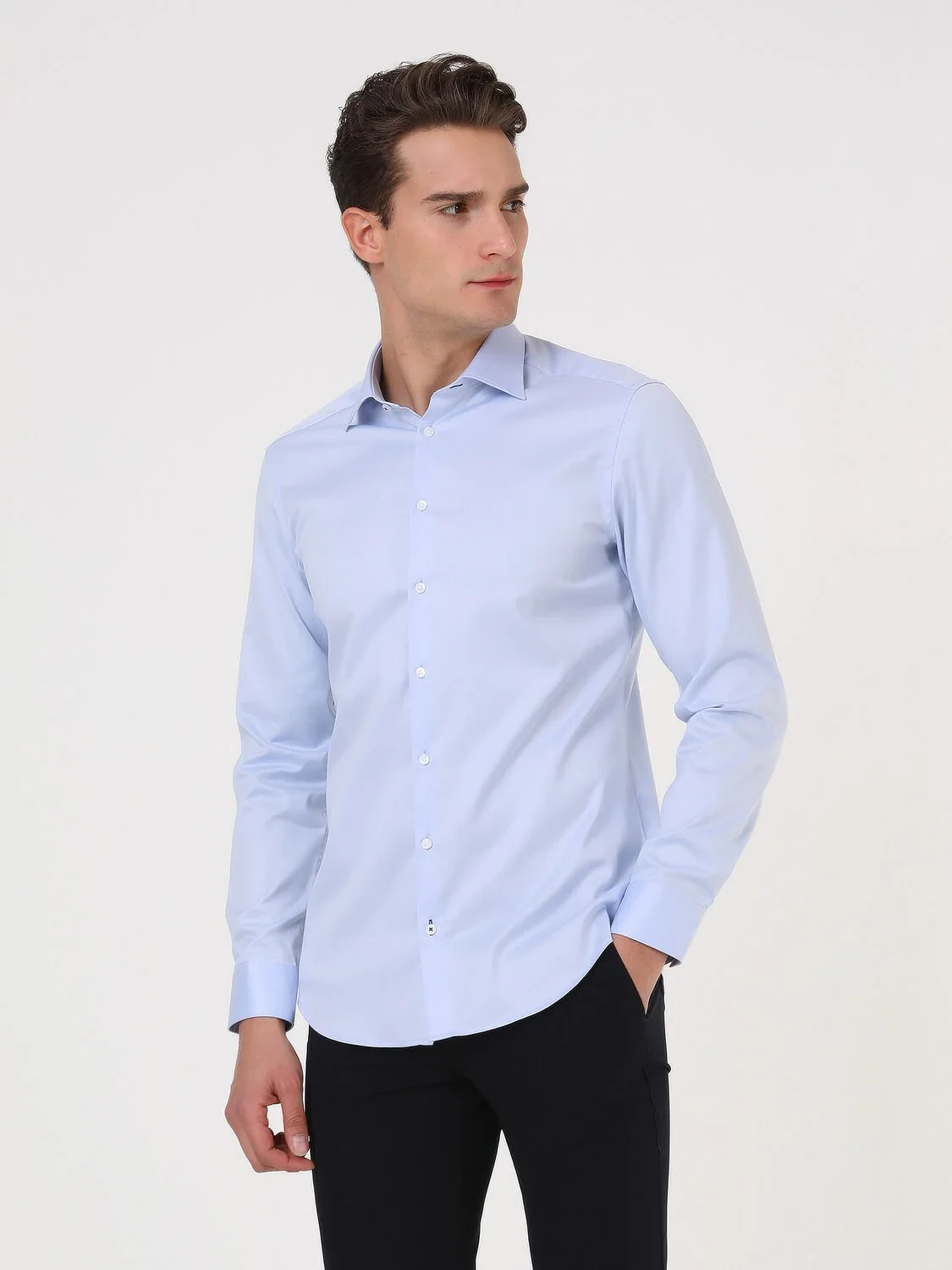 Blue Plain Regular Fit Weaving Classical 100% Cotton Shirt - 2
