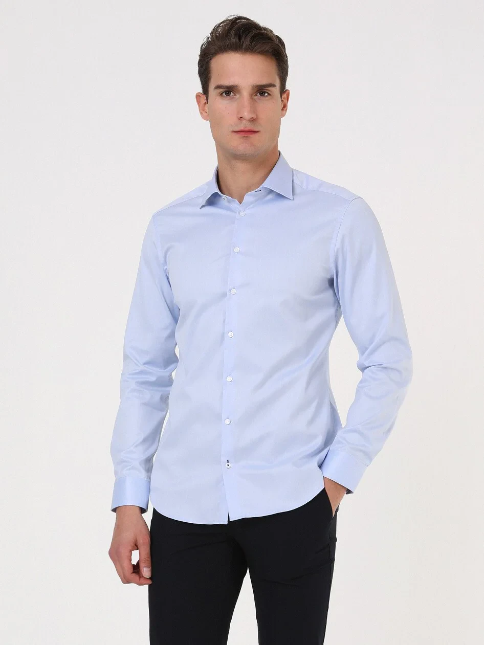 Blue Plain Regular Fit Weaving Classical 100% Cotton Shirt - 4