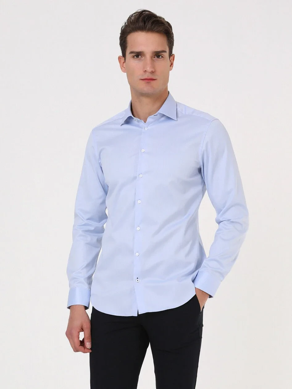 Blue Plain Regular Fit Weaving Classical 100% Cotton Shirt - 4