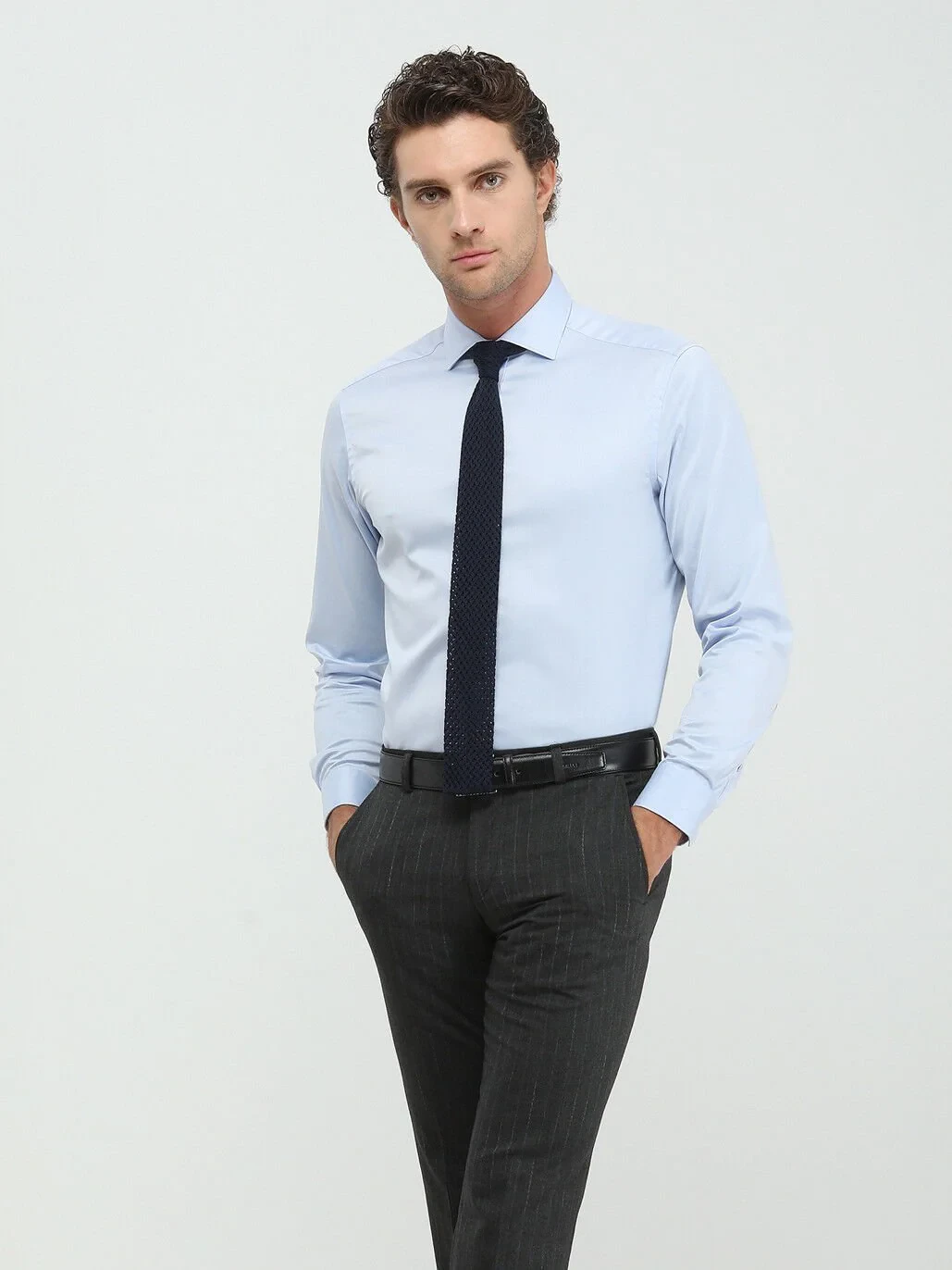 Blue Plain Regular Fit Weaving Classical 100% Cotton Shirt - 1