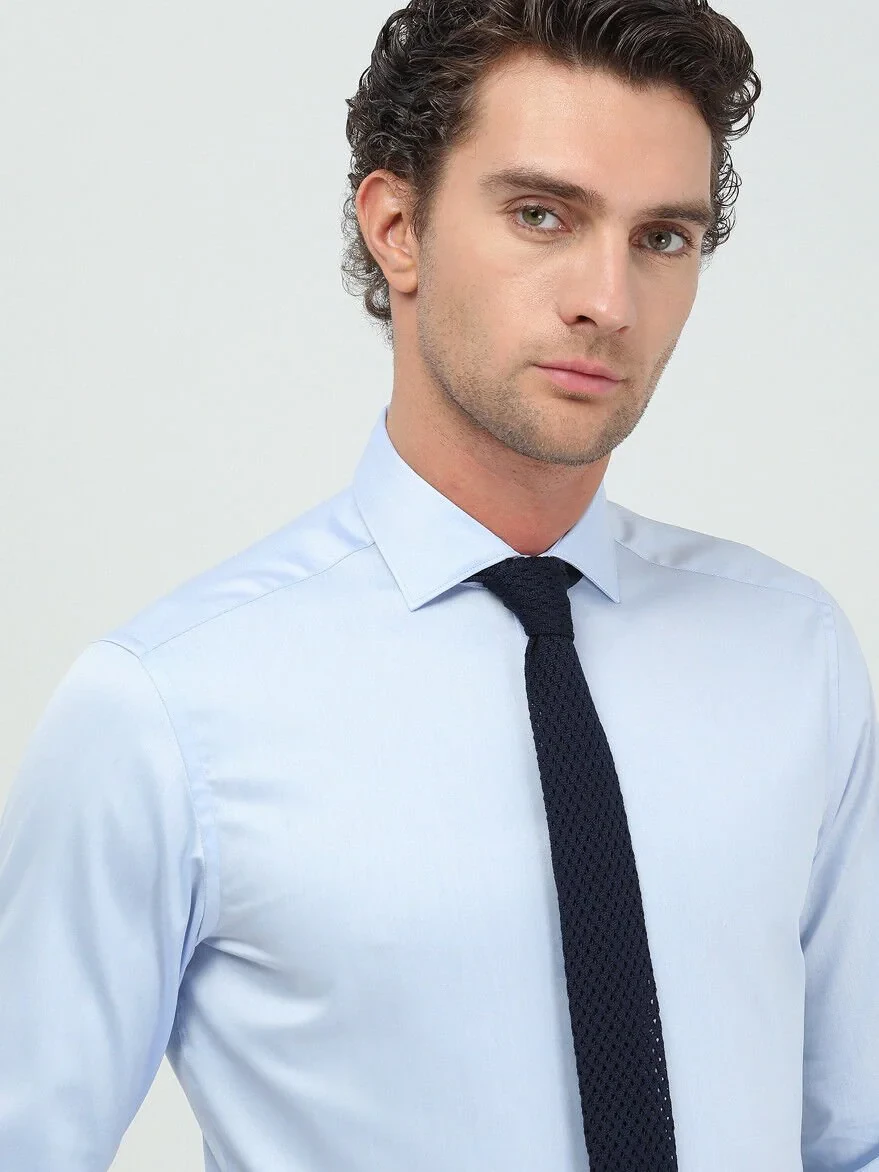 Blue Plain Regular Fit Weaving Classical 100% Cotton Shirt - 2