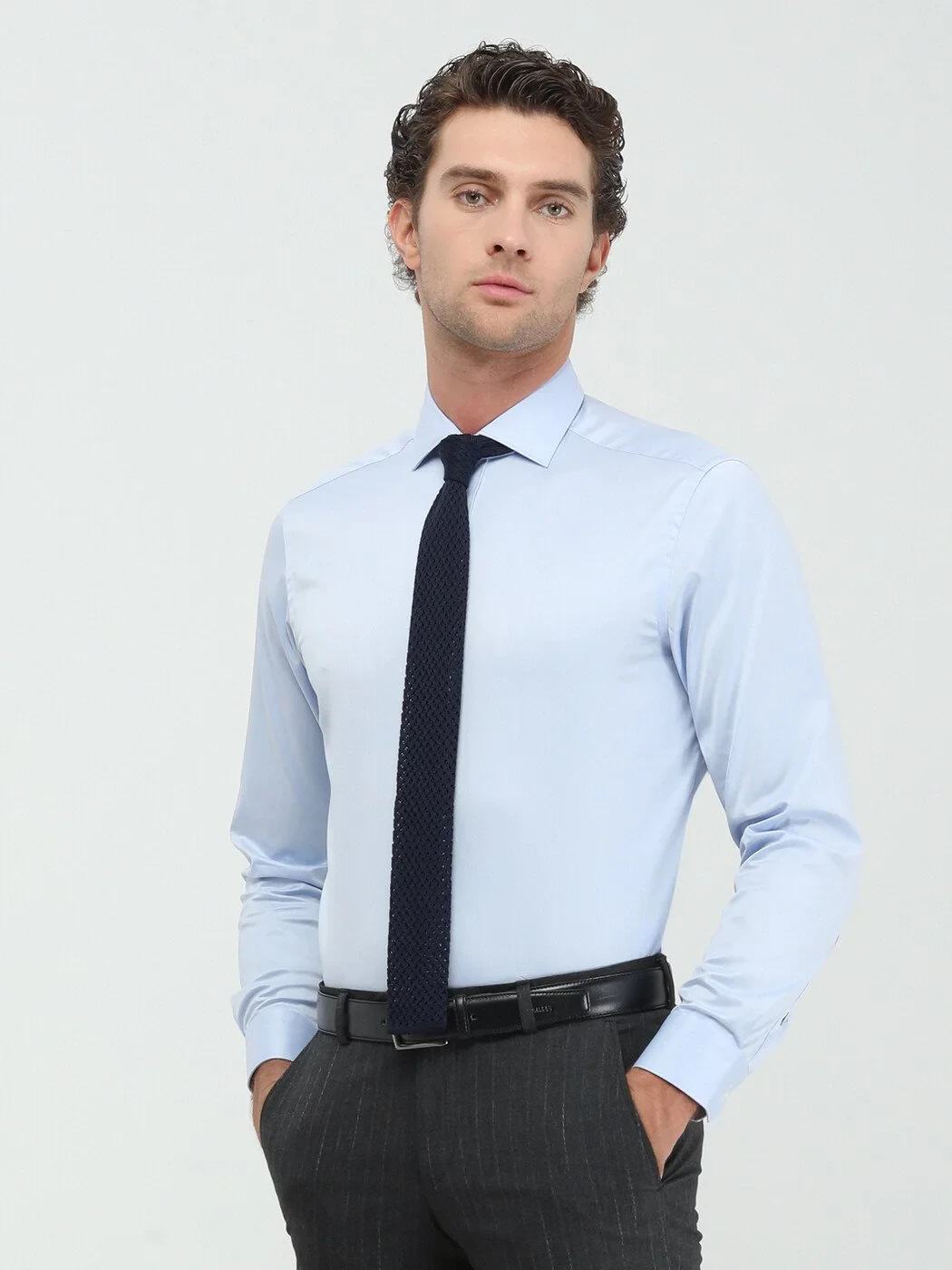 Blue Plain Regular Fit Weaving Classical 100% Cotton Shirt - 4