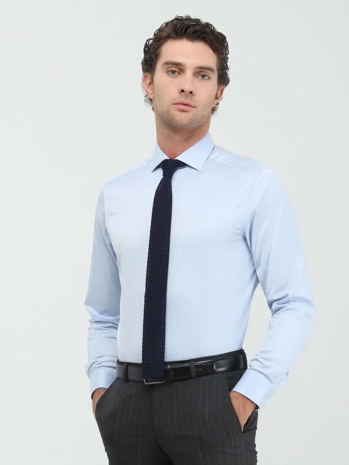 Blue Plain Regular Fit Weaving Classical 100% Cotton Shirt - 4
