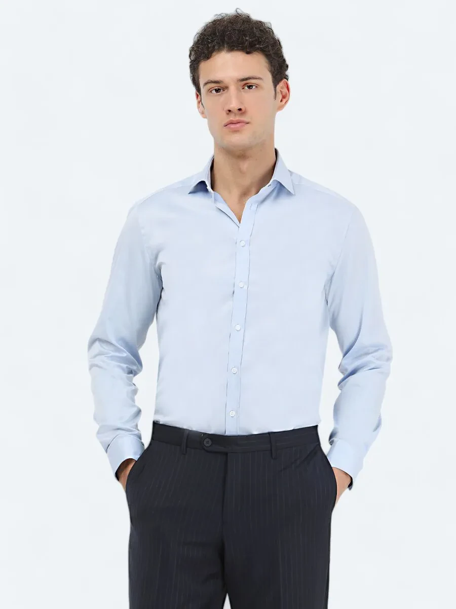 Blue Plain Regular Fit Weaving Classical 100% Cotton Shirt - 1