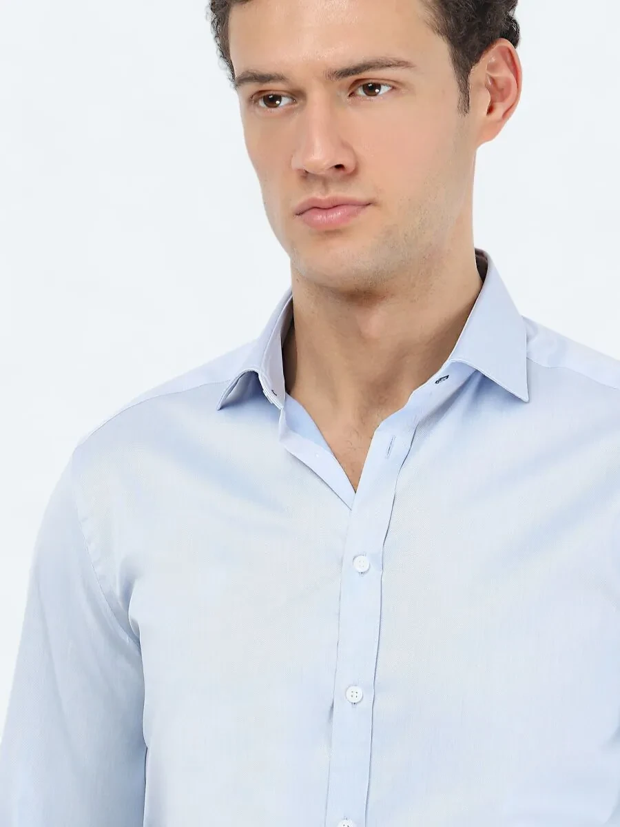 Blue Plain Regular Fit Weaving Classical 100% Cotton Shirt - 3
