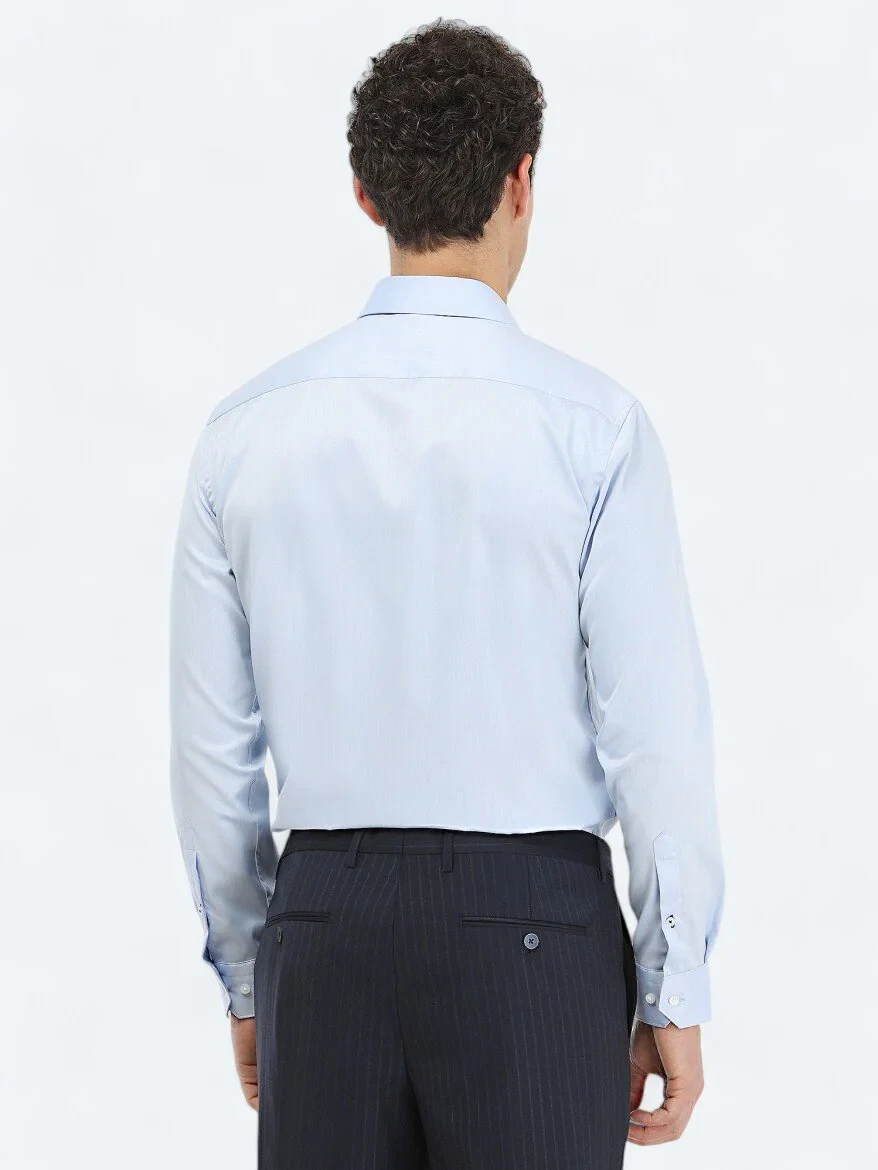 Blue Plain Regular Fit Weaving Classical 100% Cotton Shirt - 4