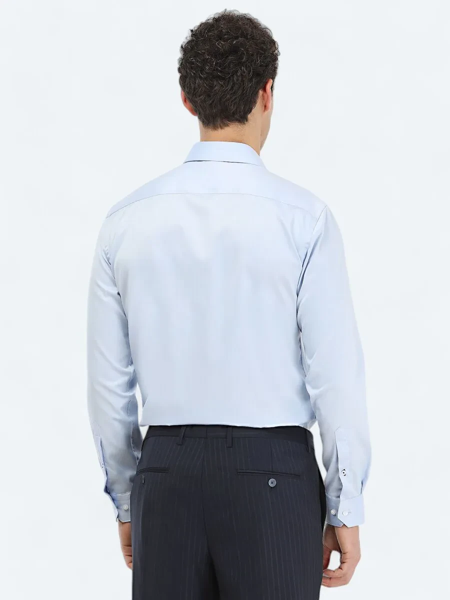 Blue Plain Regular Fit Weaving Classical 100% Cotton Shirt - 4