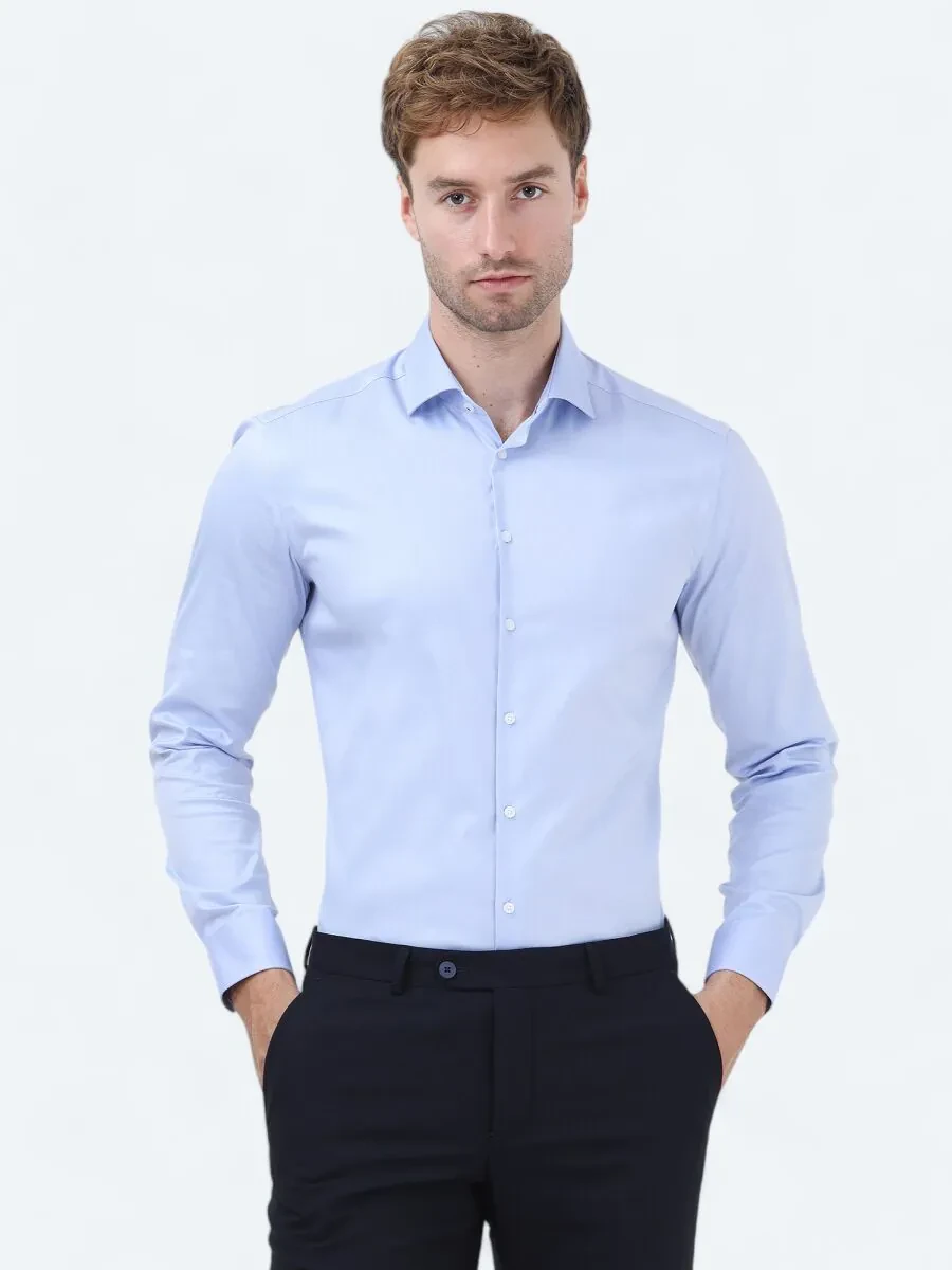 Blue Plain Regular Fit Weaving Classical 100% Cotton Shirt - 1