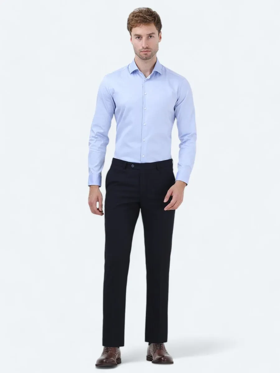Blue Plain Regular Fit Weaving Classical 100% Cotton Shirt - 2