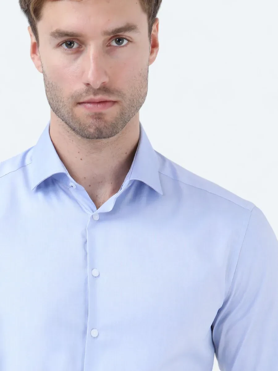 Blue Plain Regular Fit Weaving Classical 100% Cotton Shirt - 3