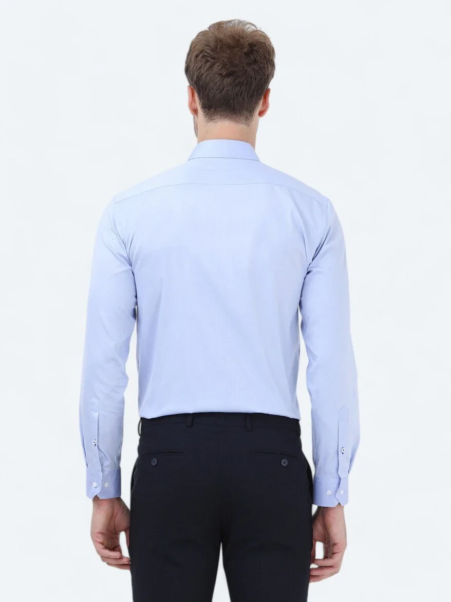 Blue Plain Regular Fit Weaving Classical 100% Cotton Shirt - 4