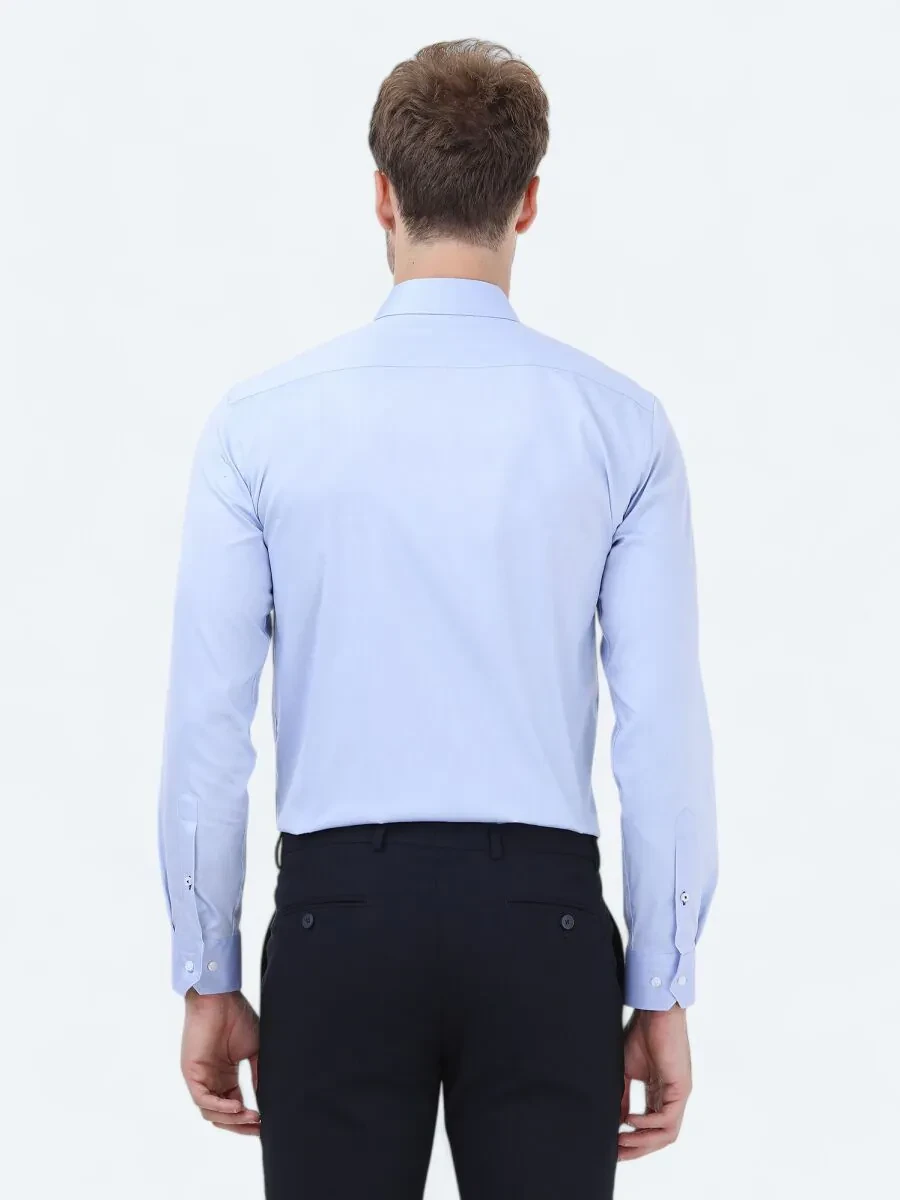 Blue Plain Regular Fit Weaving Classical 100% Cotton Shirt - 4