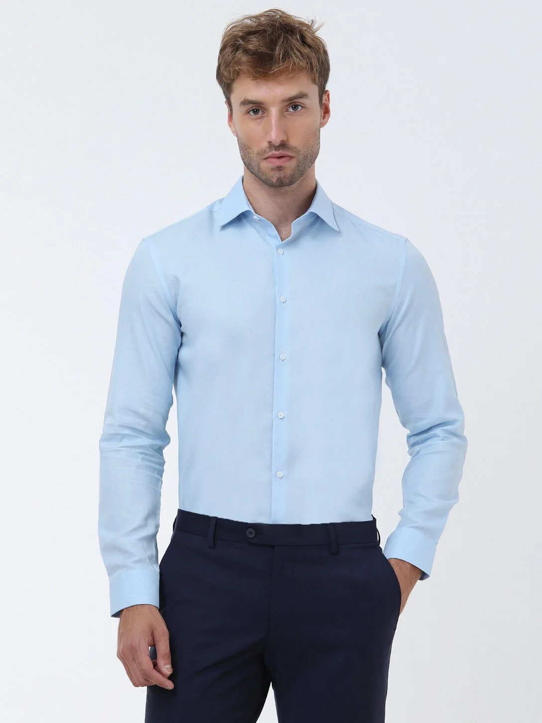 Blue Plain Regular Fit Weaving Classical 100% Cotton Shirt - 1