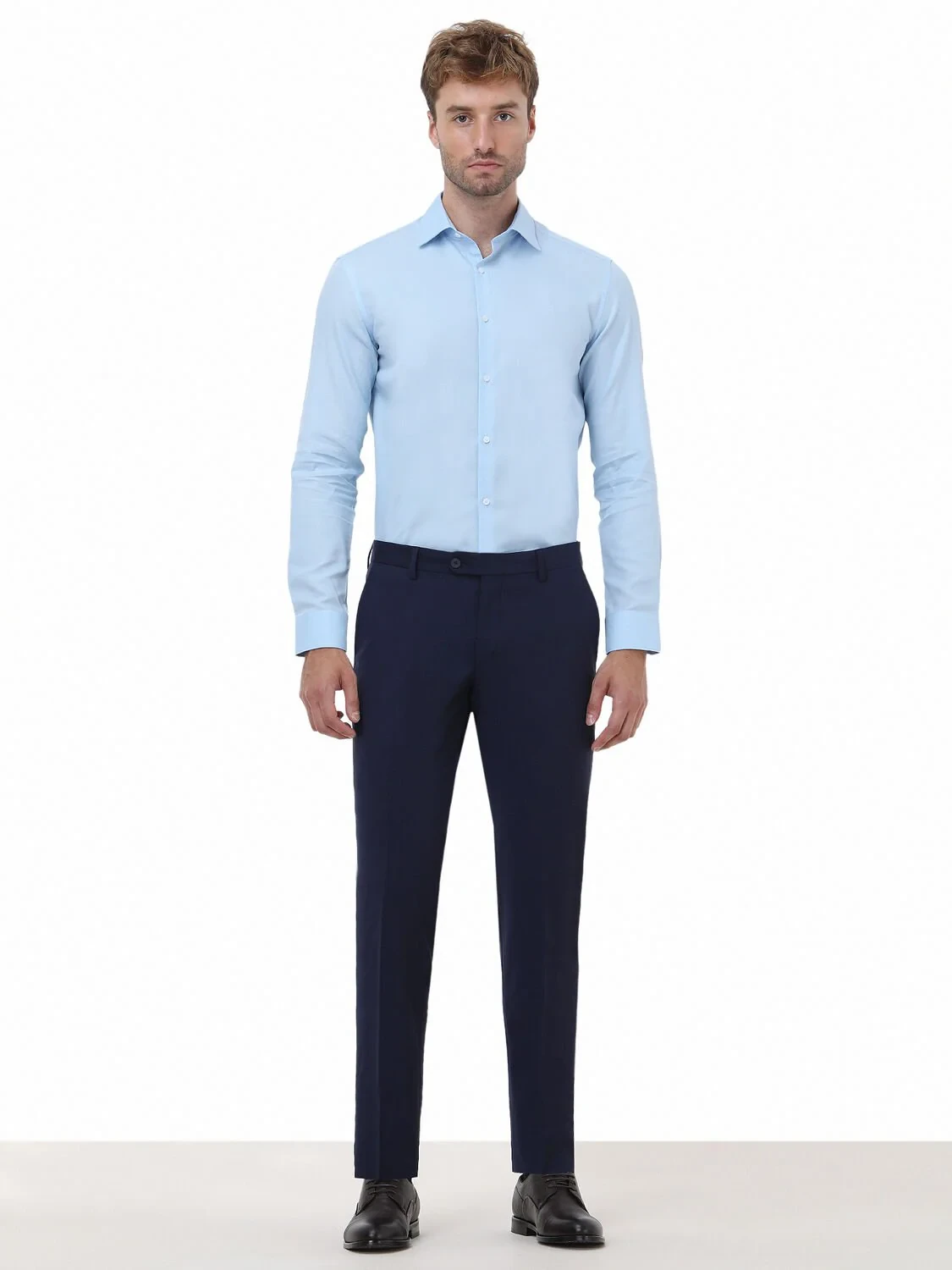 Blue Plain Regular Fit Weaving Classical 100% Cotton Shirt - 2