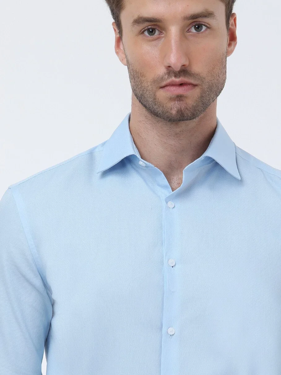Blue Plain Regular Fit Weaving Classical 100% Cotton Shirt - 3