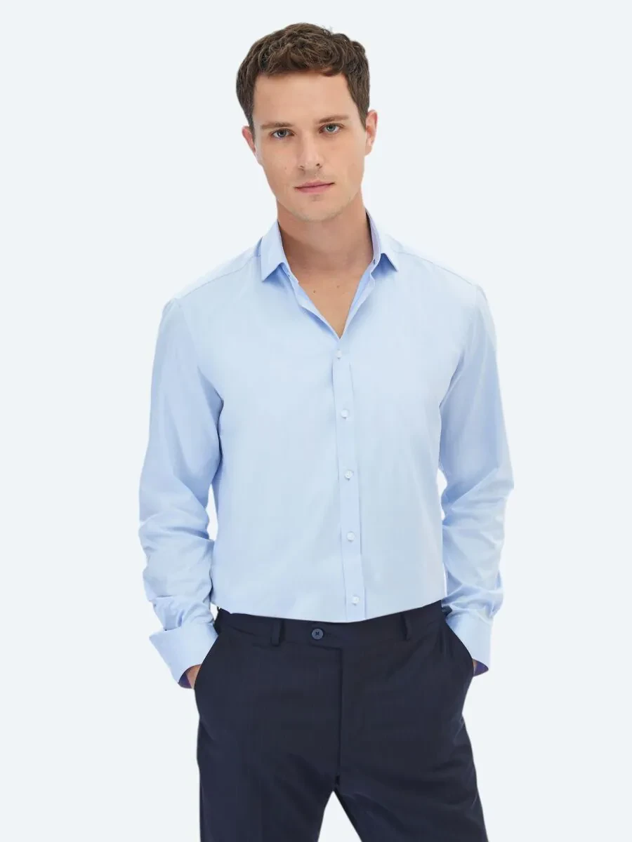 Blue Plain Regular Fit Weaving Classical 100% Cotton Shirt - 1