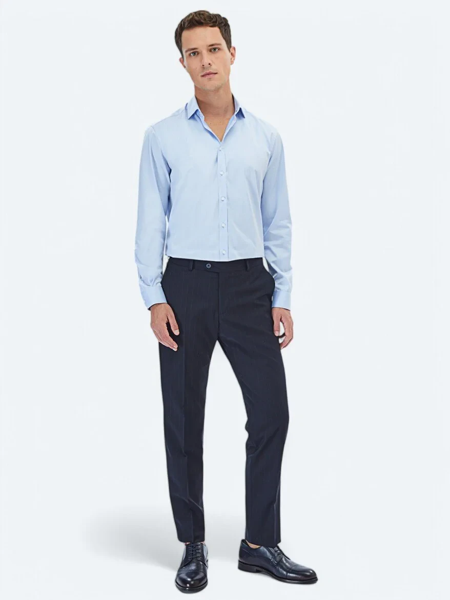 Blue Plain Regular Fit Weaving Classical 100% Cotton Shirt - 2