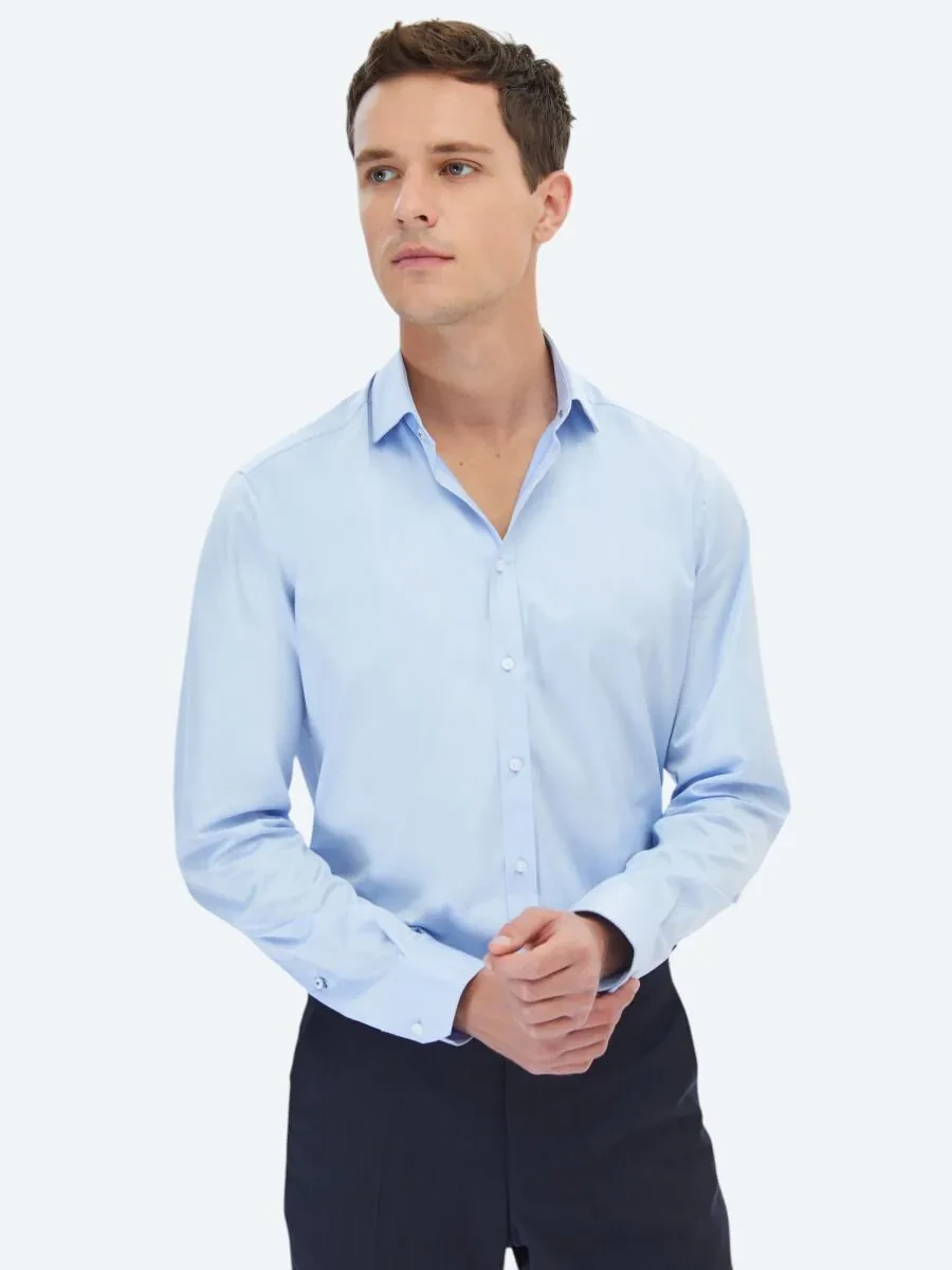Blue Plain Regular Fit Weaving Classical 100% Cotton Shirt - 3