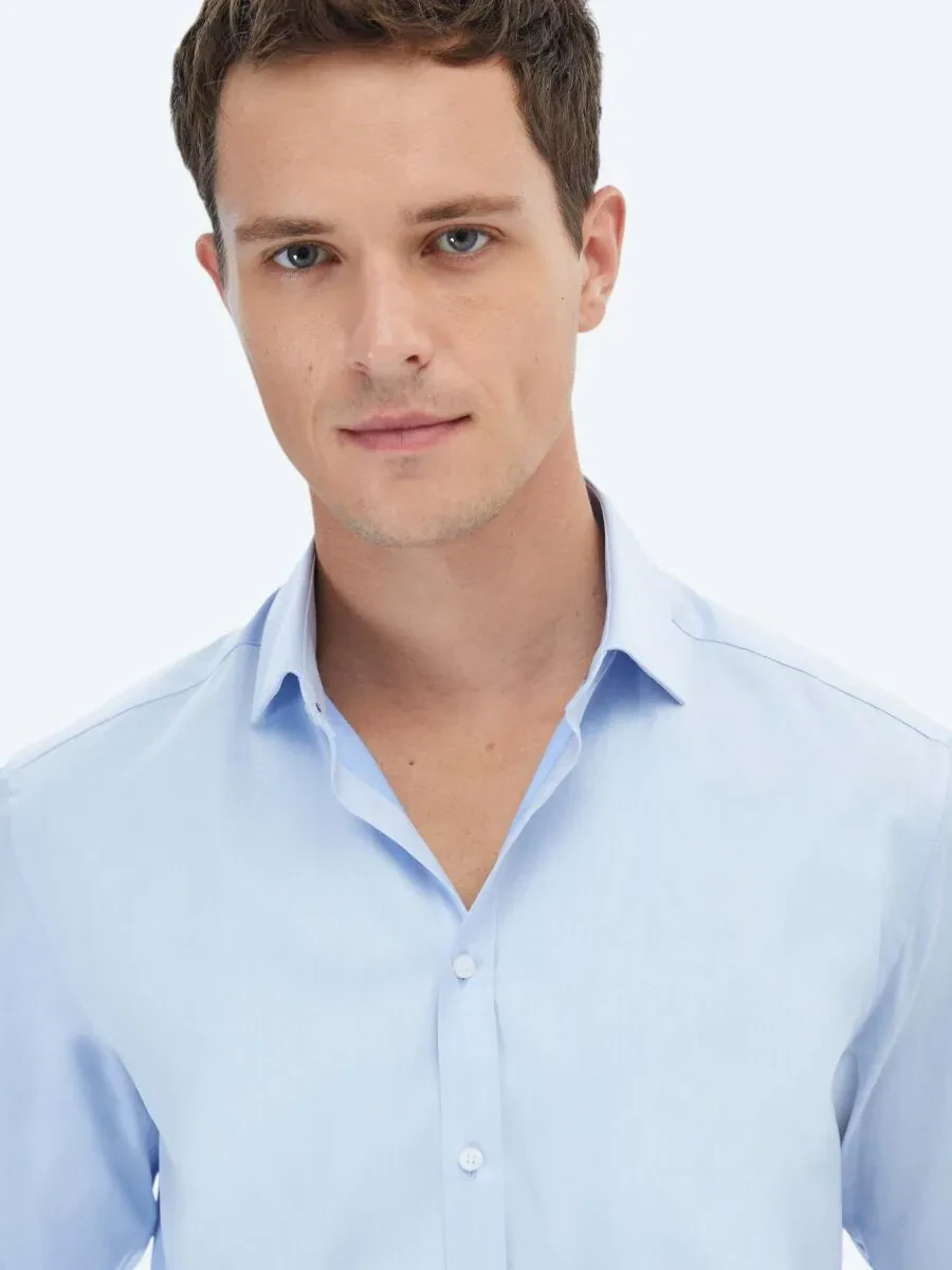 Blue Plain Regular Fit Weaving Classical 100% Cotton Shirt - 4