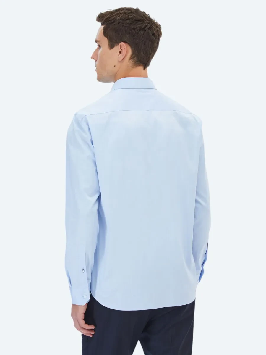 Blue Plain Regular Fit Weaving Classical 100% Cotton Shirt - 5