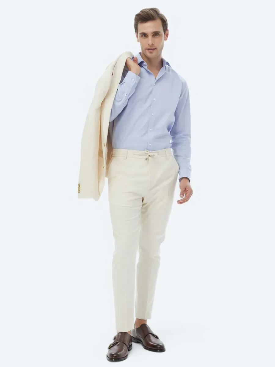 Blue Plain Regular Fit Weaving Classical 100% Cotton Shirt - 3