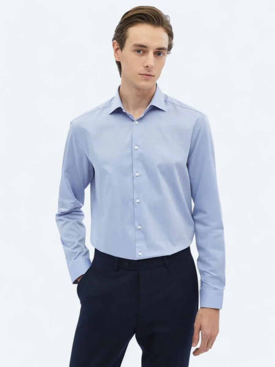 Blue Plain Regular Fit Weaving Classical 100% Cotton Shirt - 1