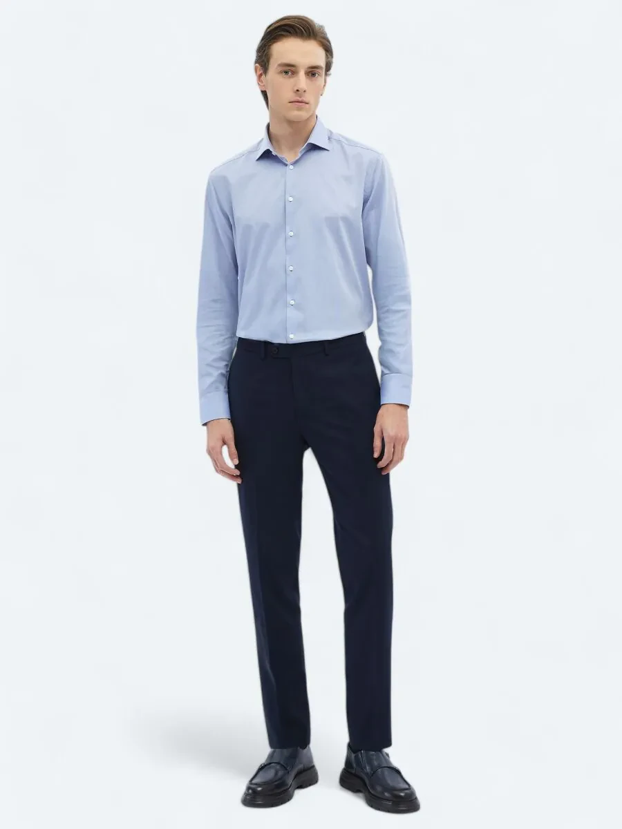 Blue Plain Regular Fit Weaving Classical 100% Cotton Shirt - 2