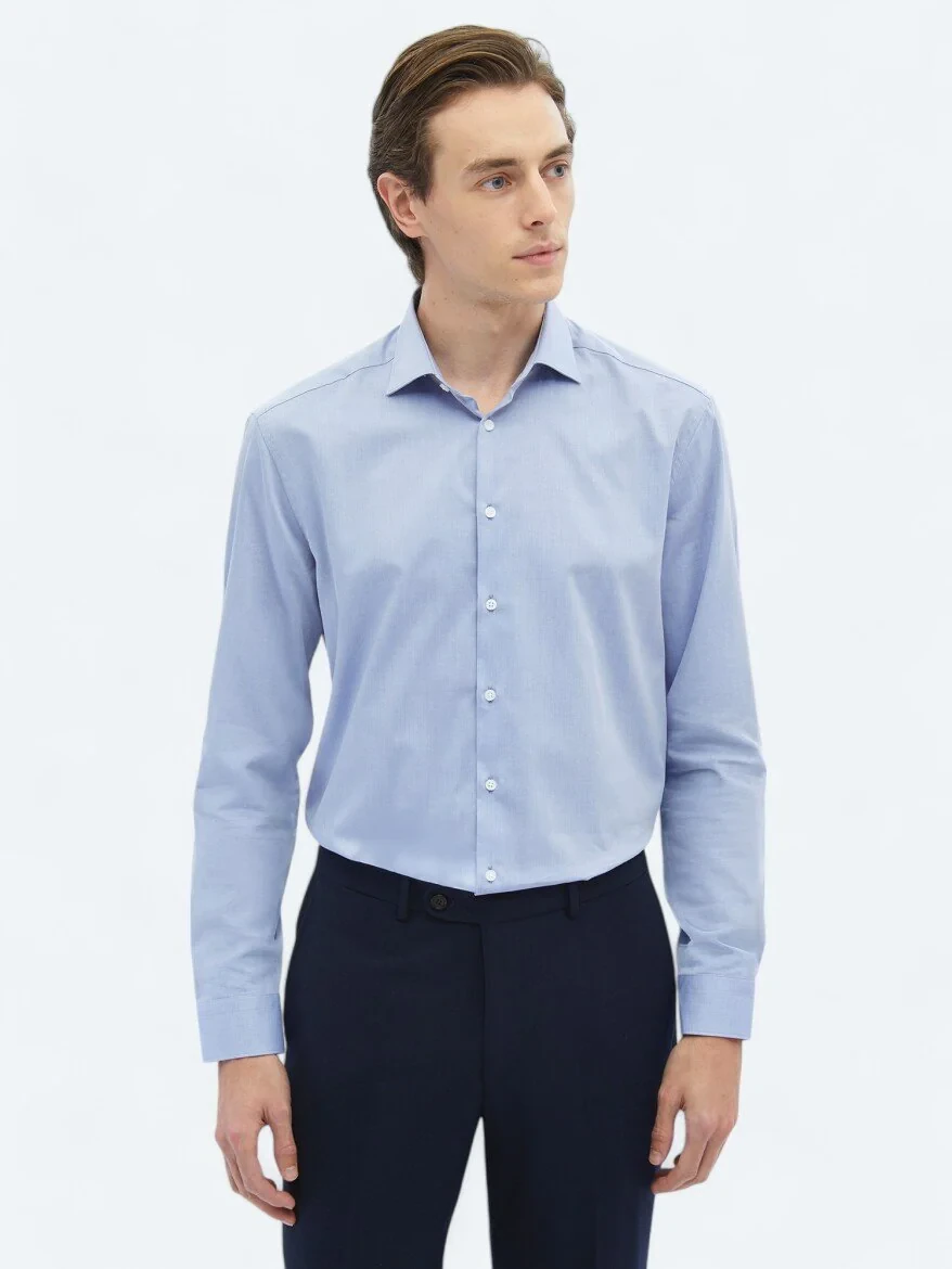 Blue Plain Regular Fit Weaving Classical 100% Cotton Shirt - 3