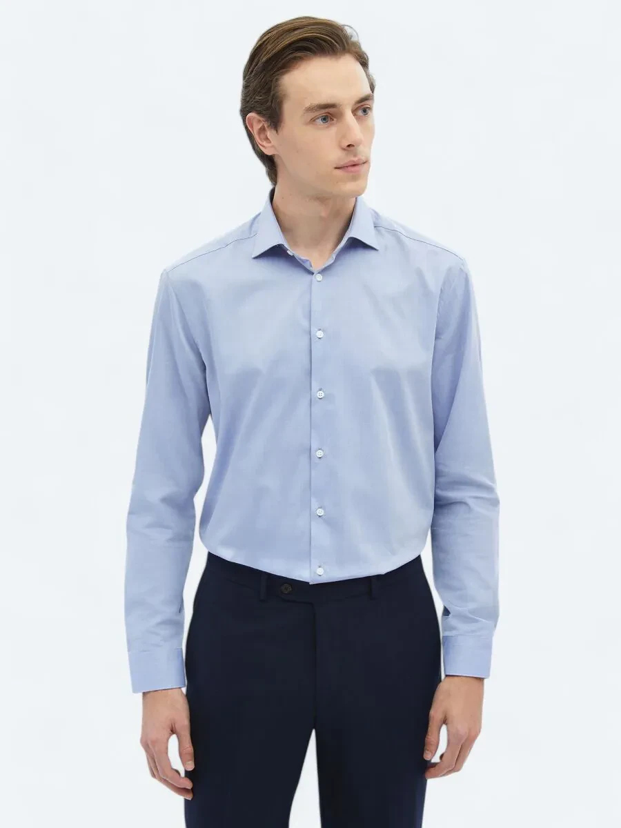 Blue Plain Regular Fit Weaving Classical 100% Cotton Shirt - 3