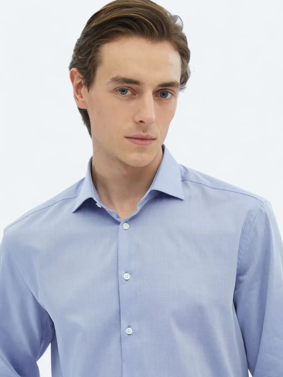 Blue Plain Regular Fit Weaving Classical 100% Cotton Shirt - 4