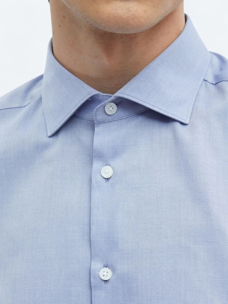Blue Plain Regular Fit Weaving Classical 100% Cotton Shirt - 5