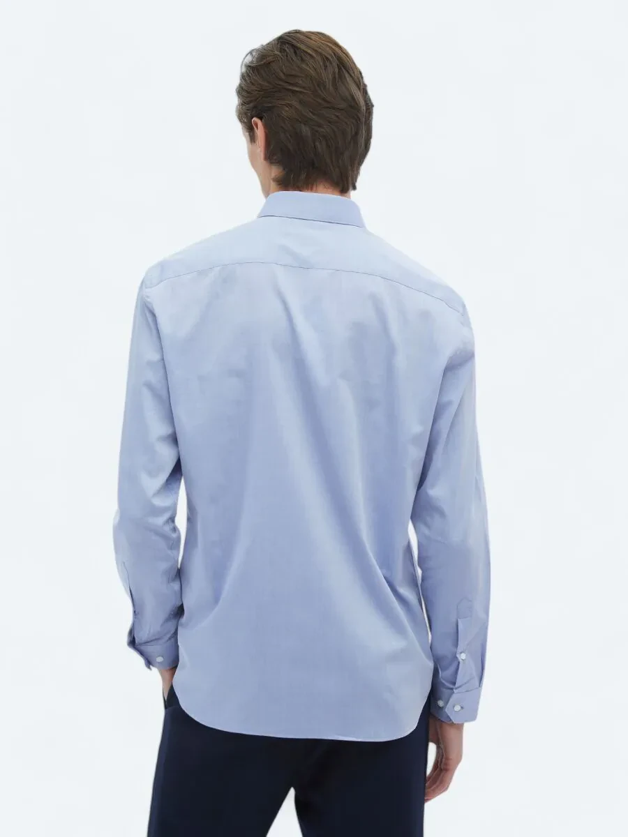 Blue Plain Regular Fit Weaving Classical 100% Cotton Shirt - 6