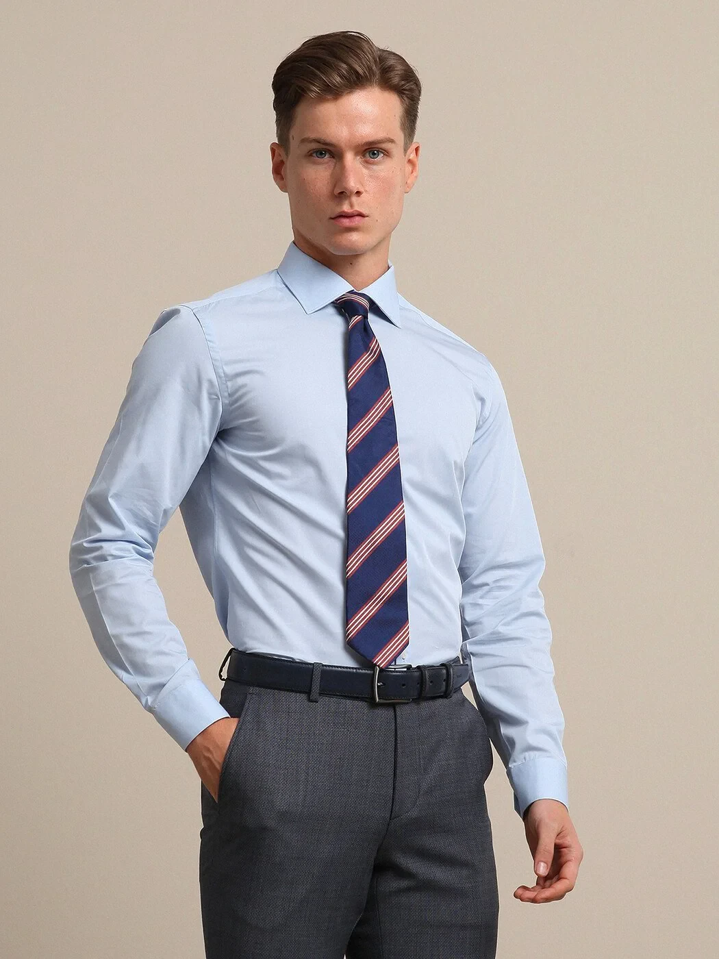 Blue Plain Regular Fit Weaving Classical Cotton Blended Shirt - 1