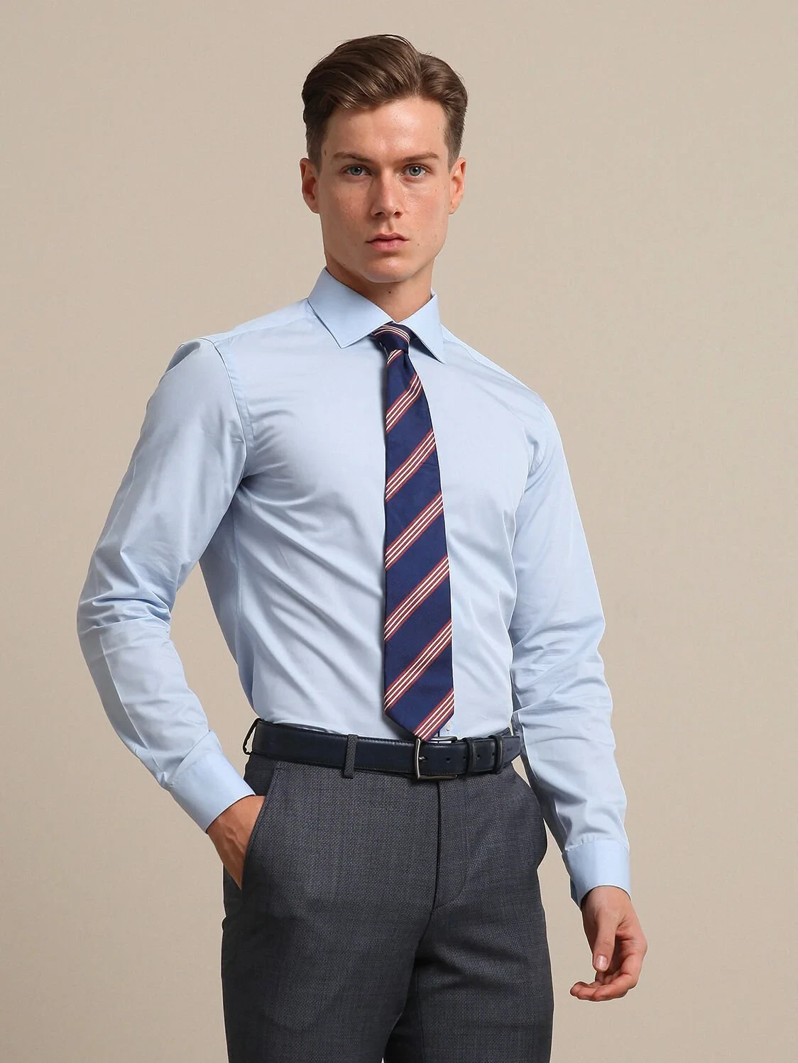 Blue Plain Regular Fit Weaving Classical Cotton Blended Shirt - 1