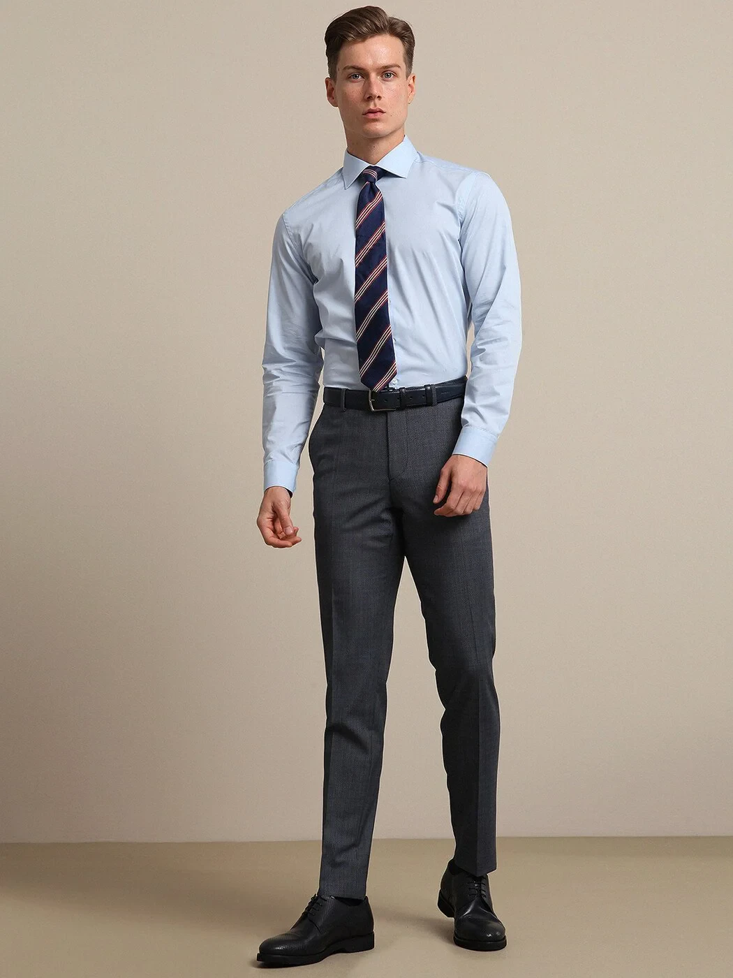 Blue Plain Regular Fit Weaving Classical Cotton Blended Shirt - 3