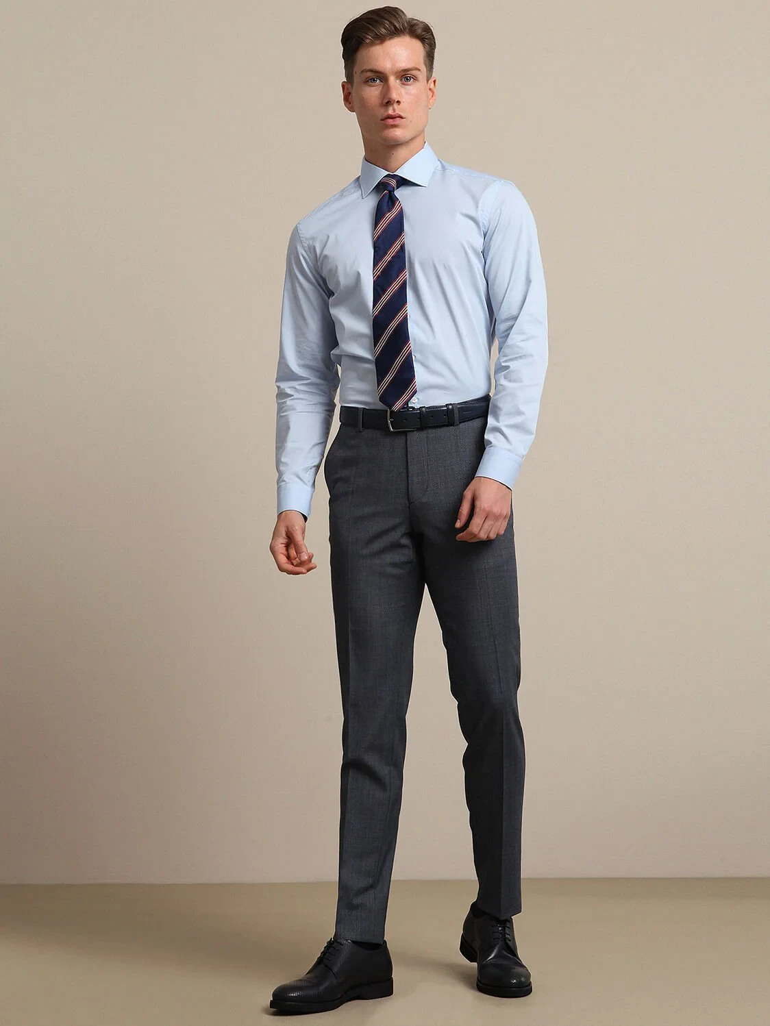 Blue Plain Regular Fit Weaving Classical Cotton Blended Shirt - 3