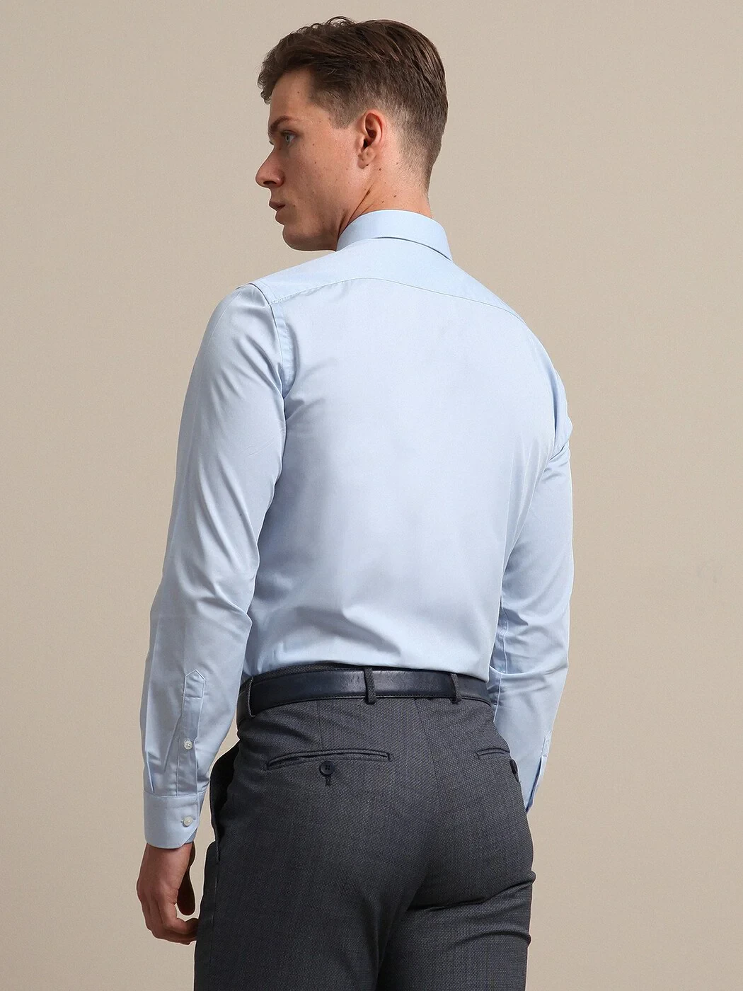 Blue Plain Regular Fit Weaving Classical Cotton Blended Shirt - 4