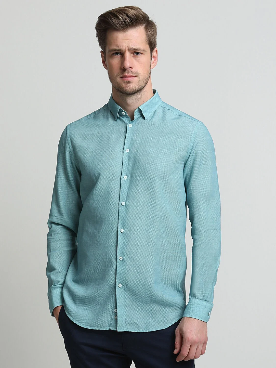 Blue Plain Regular Fit Weaving Classical Cotton Blended Shirt - 1