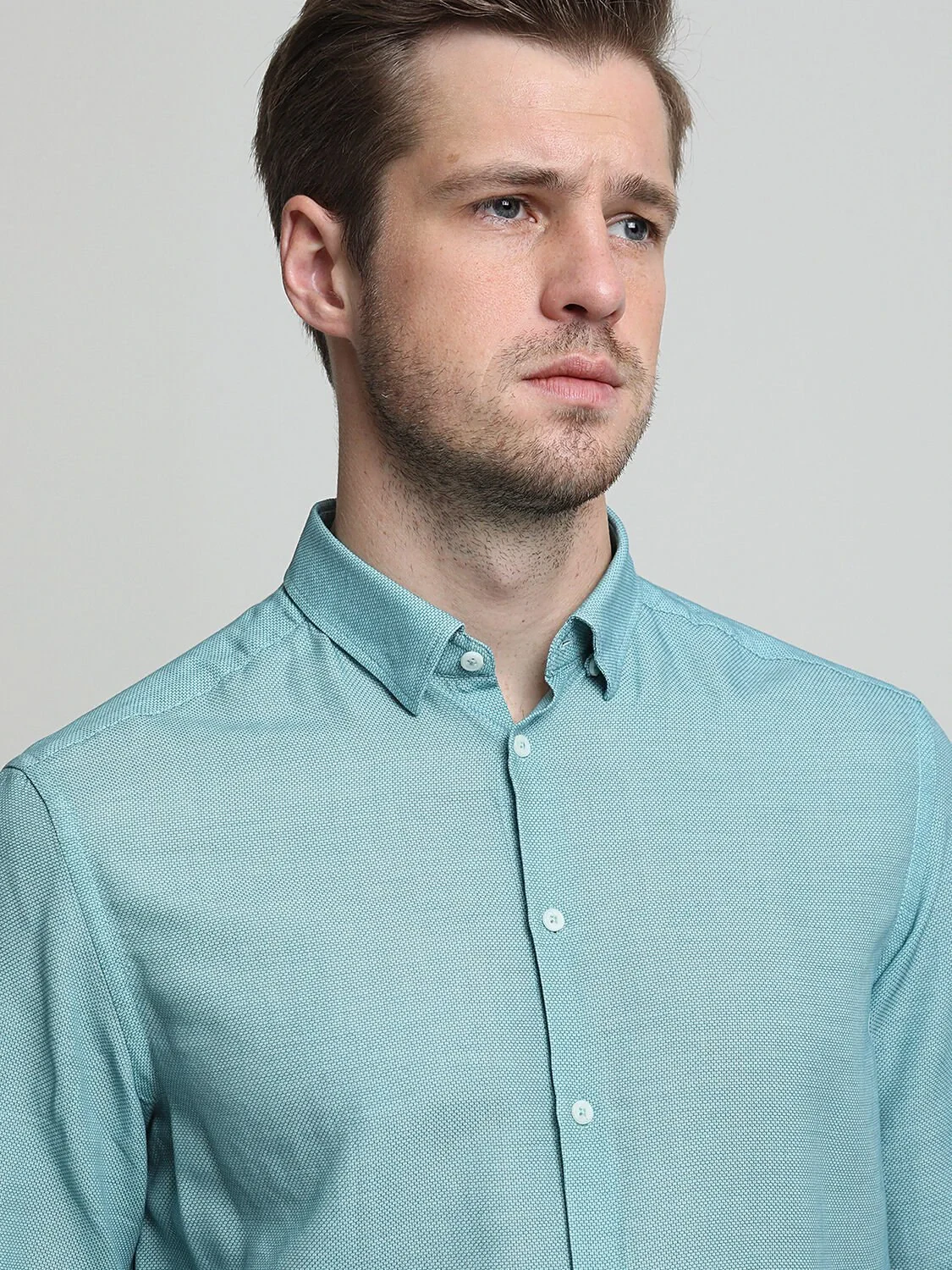 Blue Plain Regular Fit Weaving Classical Cotton Blended Shirt - 2