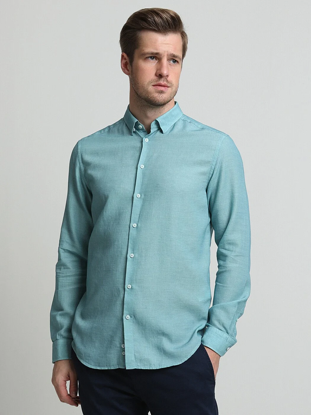 Blue Plain Regular Fit Weaving Classical Cotton Blended Shirt - 3