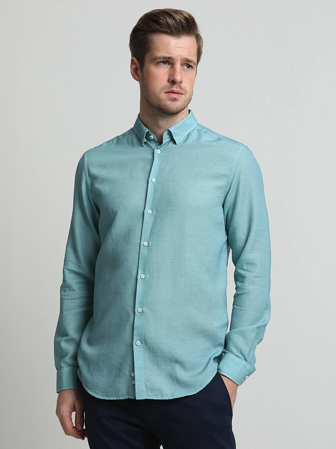 Blue Plain Regular Fit Weaving Classical Cotton Blended Shirt - 3