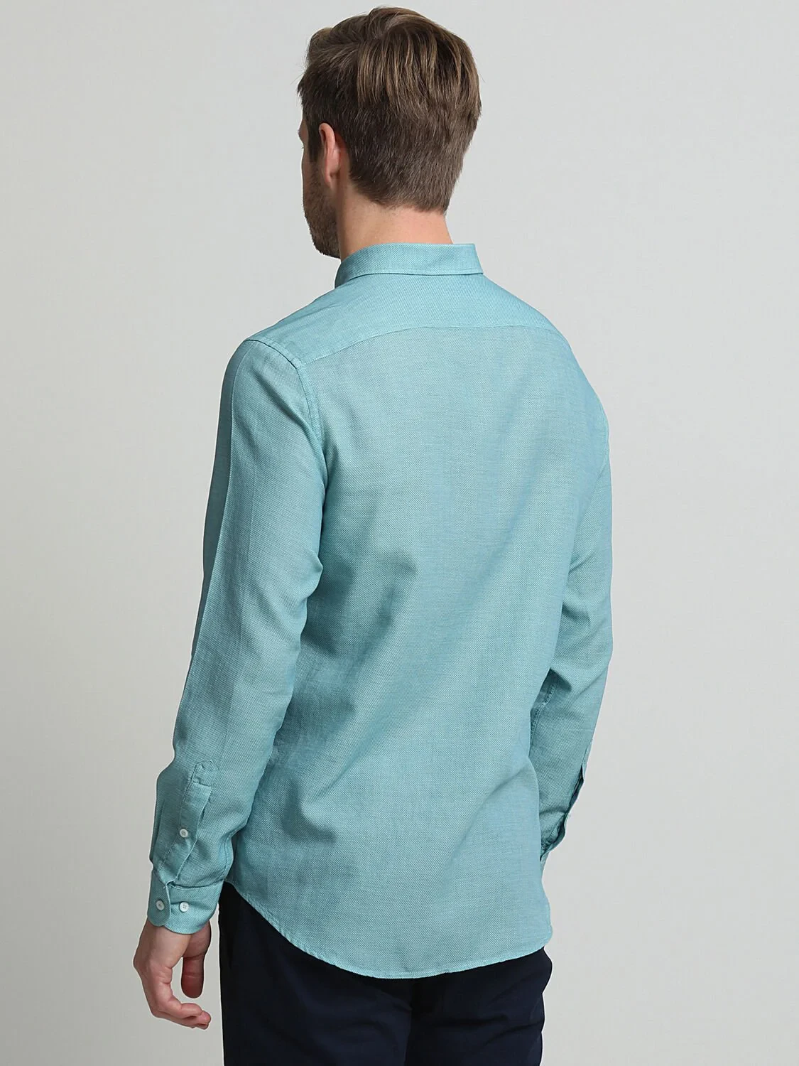 Blue Plain Regular Fit Weaving Classical Cotton Blended Shirt - 4