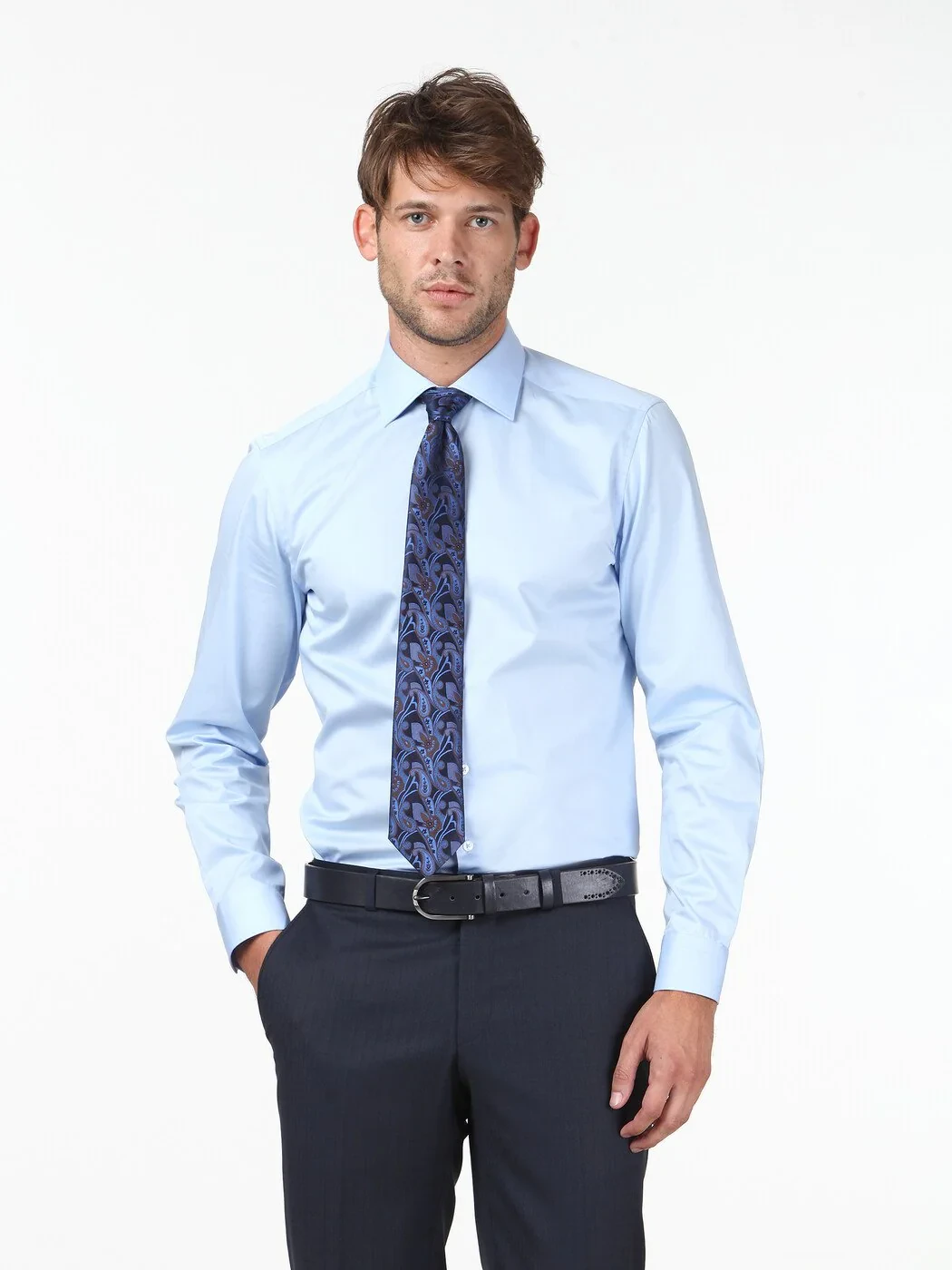 Blue Plain Slim Fit Weaving Classical 100% Cotton Shirt - 1