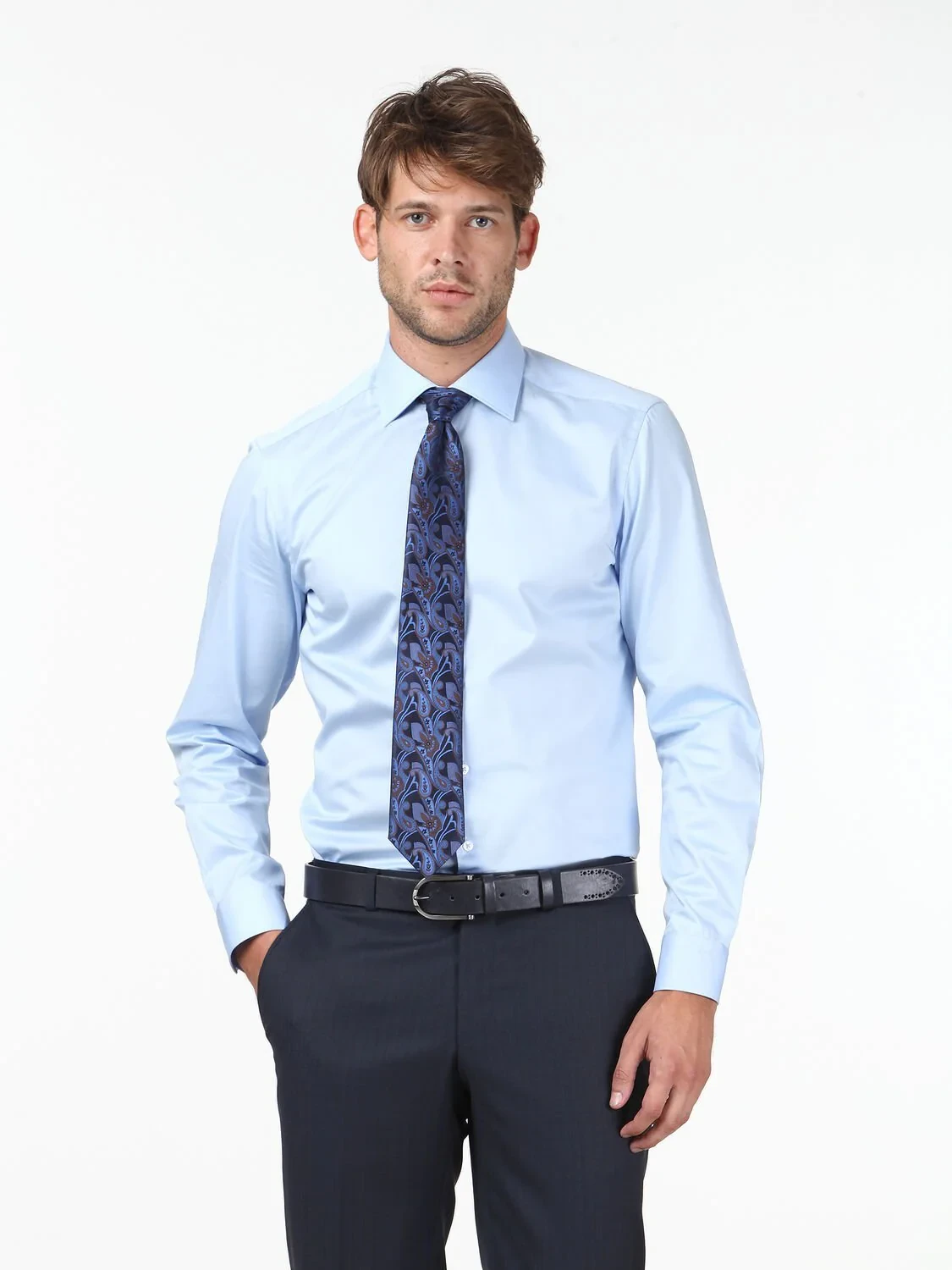 Blue Plain Slim Fit Weaving Classical 100% Cotton Shirt - 1