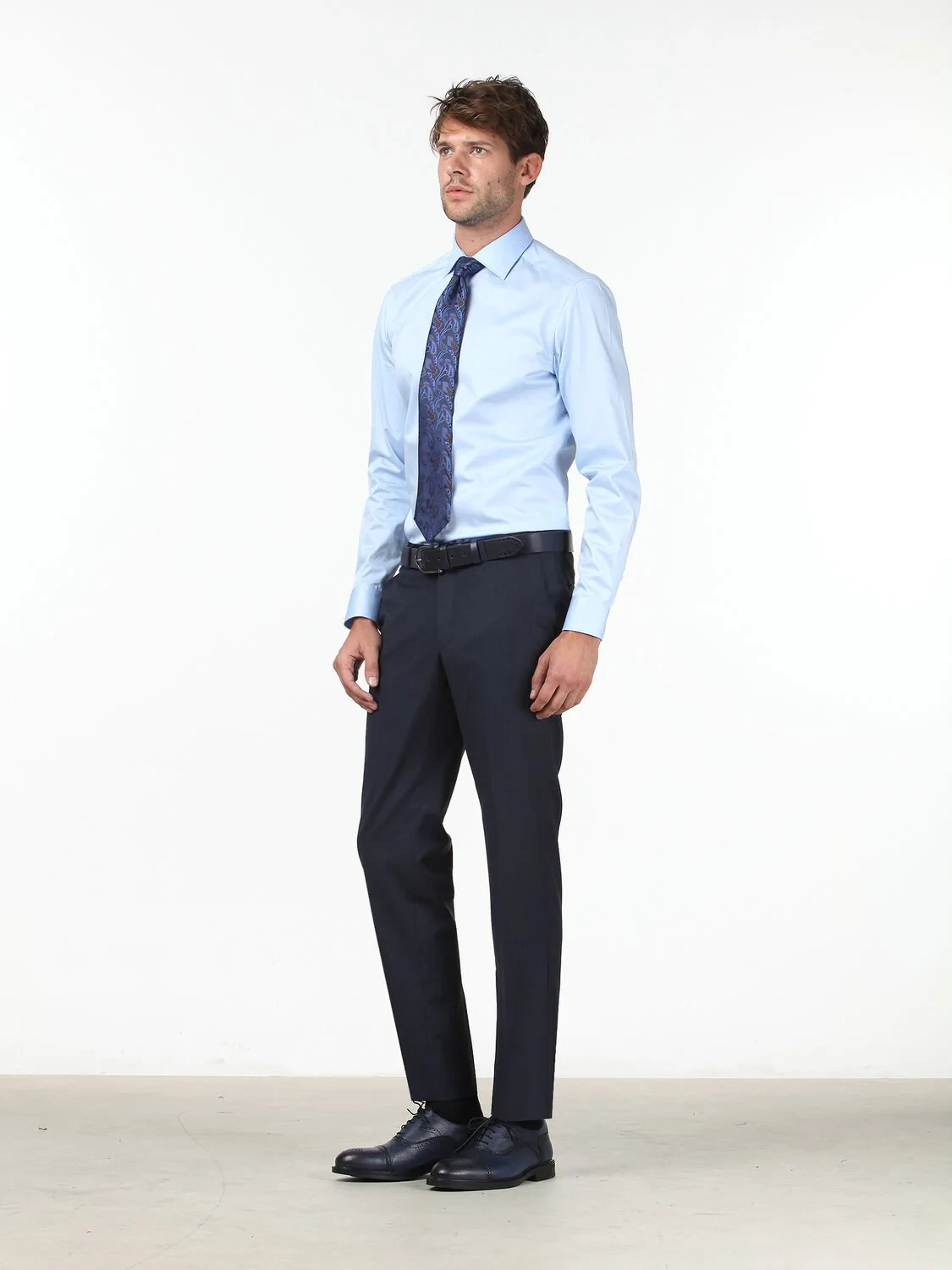 Blue Plain Slim Fit Weaving Classical 100% Cotton Shirt - 2