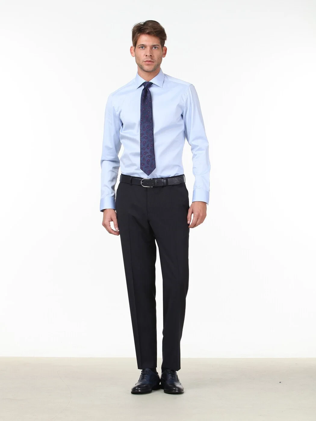 Blue Plain Slim Fit Weaving Classical 100% Cotton Shirt - 2