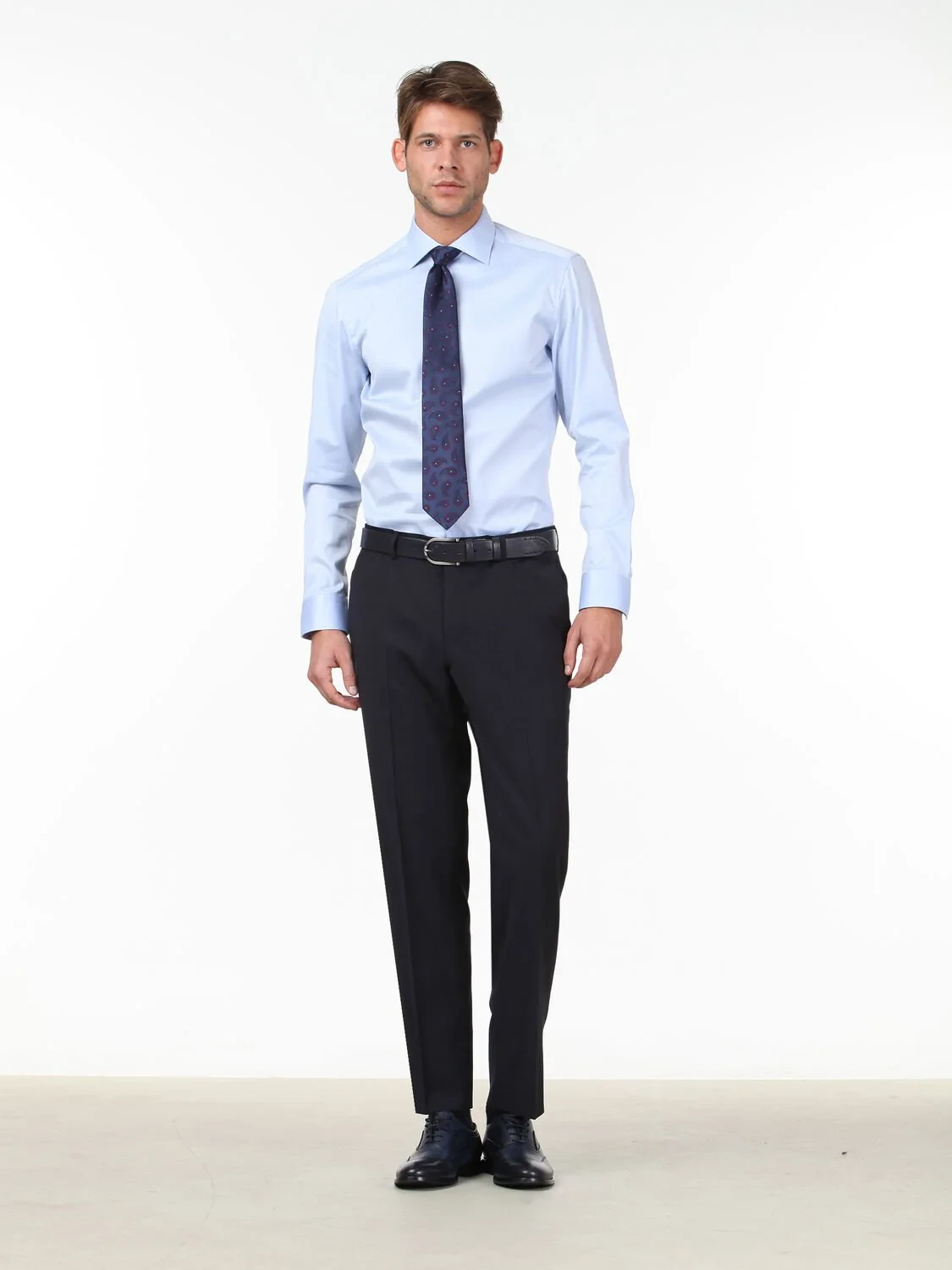 Blue Plain Slim Fit Weaving Classical 100% Cotton Shirt - 2